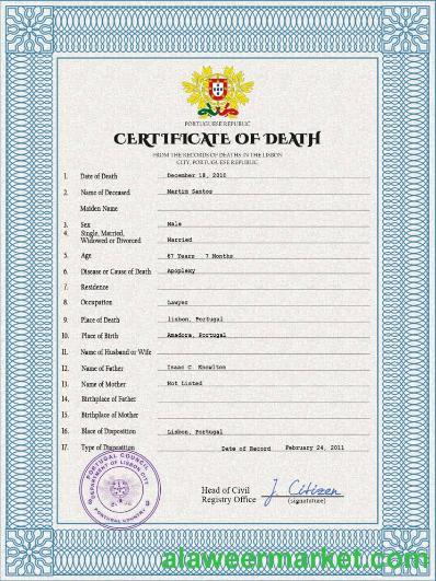 Portugal death certificate PSD template